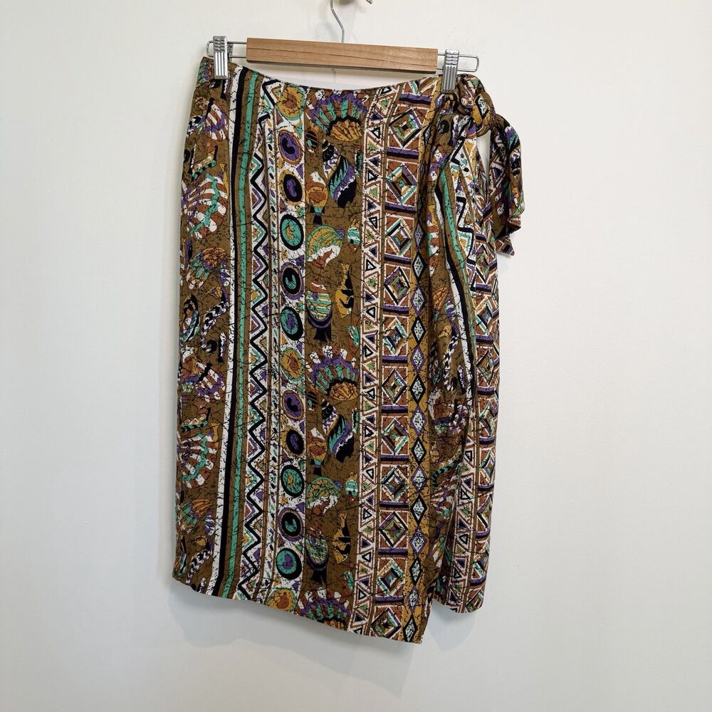 Lasserre Paris Wrap Skirt Women Size 42 Brown Tribal Aztec Artsy Fish Geometric